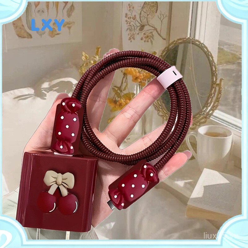 Hộp bảo vệ cáp dữ liệu LXY Kẹo anh đào ba chiều dễ thương Thích hợp cho đầu sạc nhanh Apple 18w20w, trang trí cáp dữ liệu, cáp dữ liệu chống vỡ chống bẩn