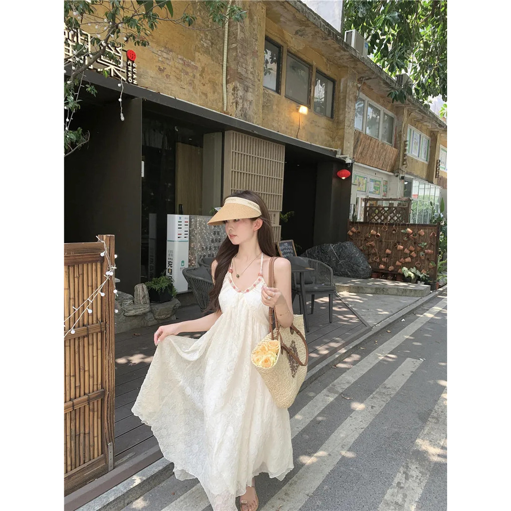 Đầm dây cổ thuần khiết của thương hiệu Luoyue Huashen - Váy voan nhẹ nhàng cho bãi biển