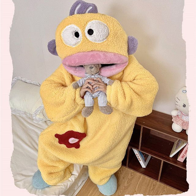🔥 Trang phục dự tiệc 🔥 có hàng sẵn Bộ đồ onesies mặc nhà ấm áp 2026 Bộ Đồ Ngủ Màu Vàng Cá Chú Hề, Flannel Cực Dày và Lông Cừu San Hô, Phù Hợp Thu Đông