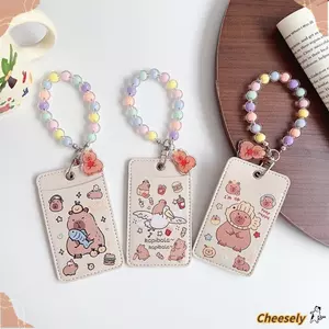 Hộp đựng thẻ CHEESELY, Khe cắm thẻ đôi Capybara Thẻ bữa ăn học sinh, Túi xách tay Mặt dây chuyền da Khuôn viên trường Thẻ Id Quà tặng