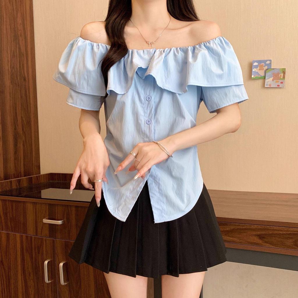 Áo sơ mi ngắn tay cổ chữ V kiểu Pháp, thiết kế nữ tính, phù hợp mùa hè
