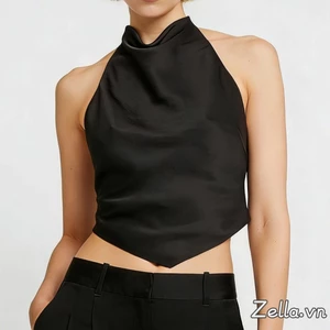 Áo ba lỗ satin màu trơn hở lưng kèm áo vest không tay có dây buộc