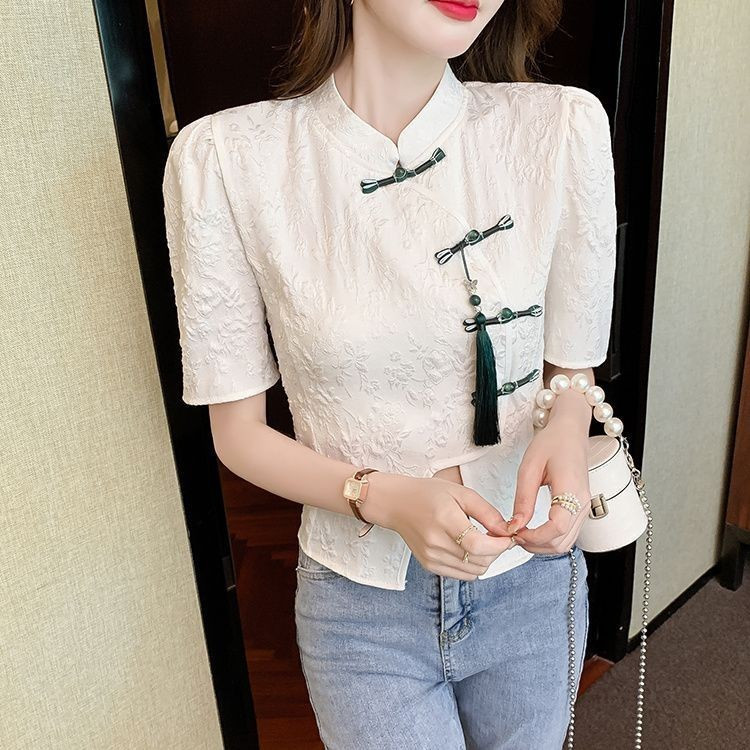 Áo sơ mi nữ cổ điển tay ngắn màu trắng trơn, style Trung Quốc