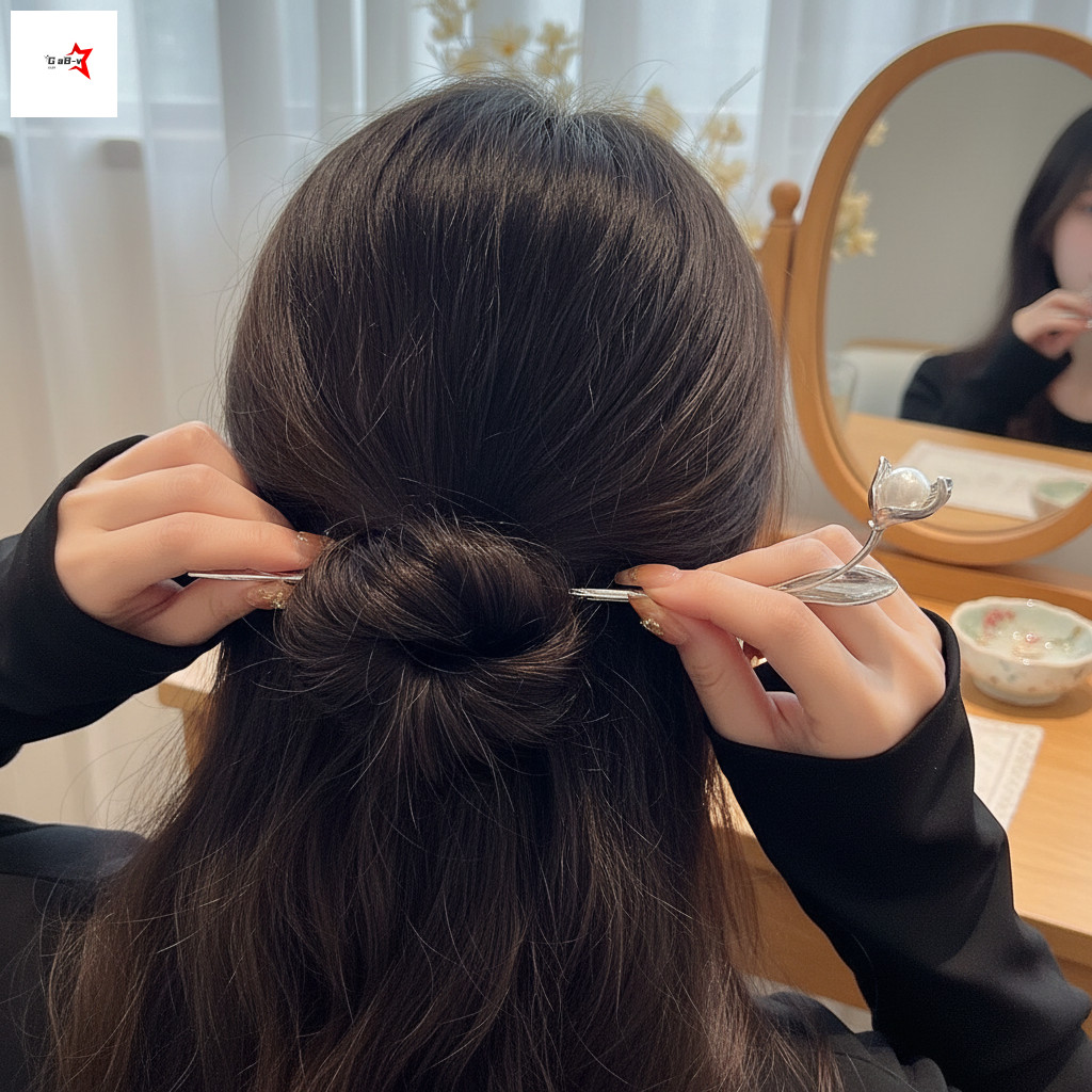Kẹp tóc Magnolia kim loại cổ điển cho nữ, phù hợp đám cưới và hàng ngày, phong cách truyền thống