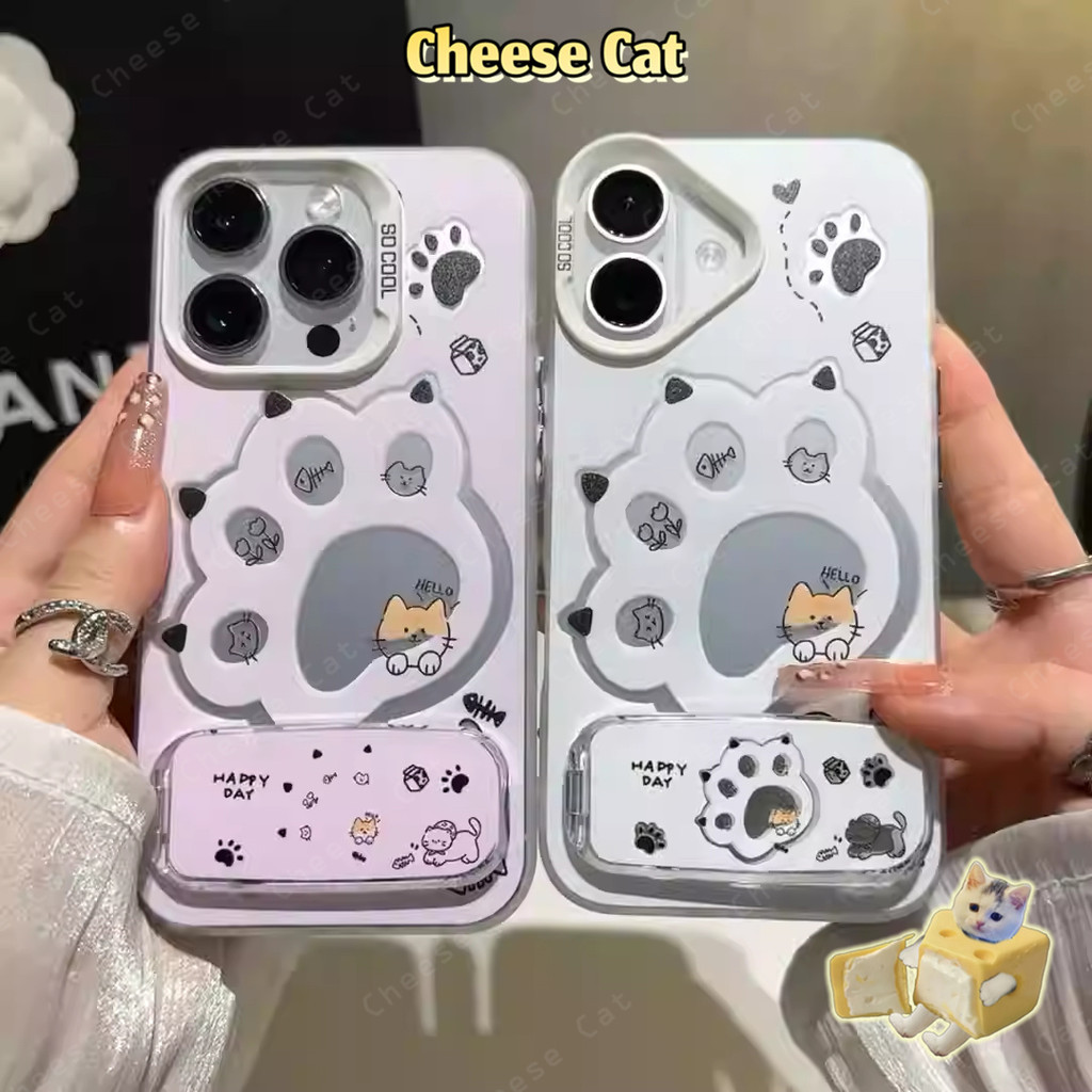 Móng Vuốt Mèo Trắng Hồng Cho iPhone 13 14 15 12 11 16 17 Pro Max 16E Xs Max XR 7Plus Vỏ Điện Thoại Có Chân Đế Gương