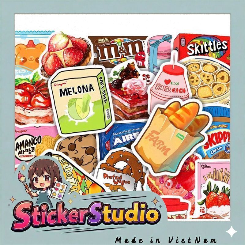 set 20 sticker các loại bánh kẹo hàn quốc, nhật  trang trí sổ tay note book laptop mũ bảo hiểm chống nước tốt