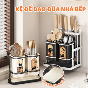 Giá Để Dao Thớt 2 Tầng Tích Hợp Hộp Đựng Đũa Muỗng, Kệ Nhà Bếp Chống Nước Kèm Khay Thoát Nước