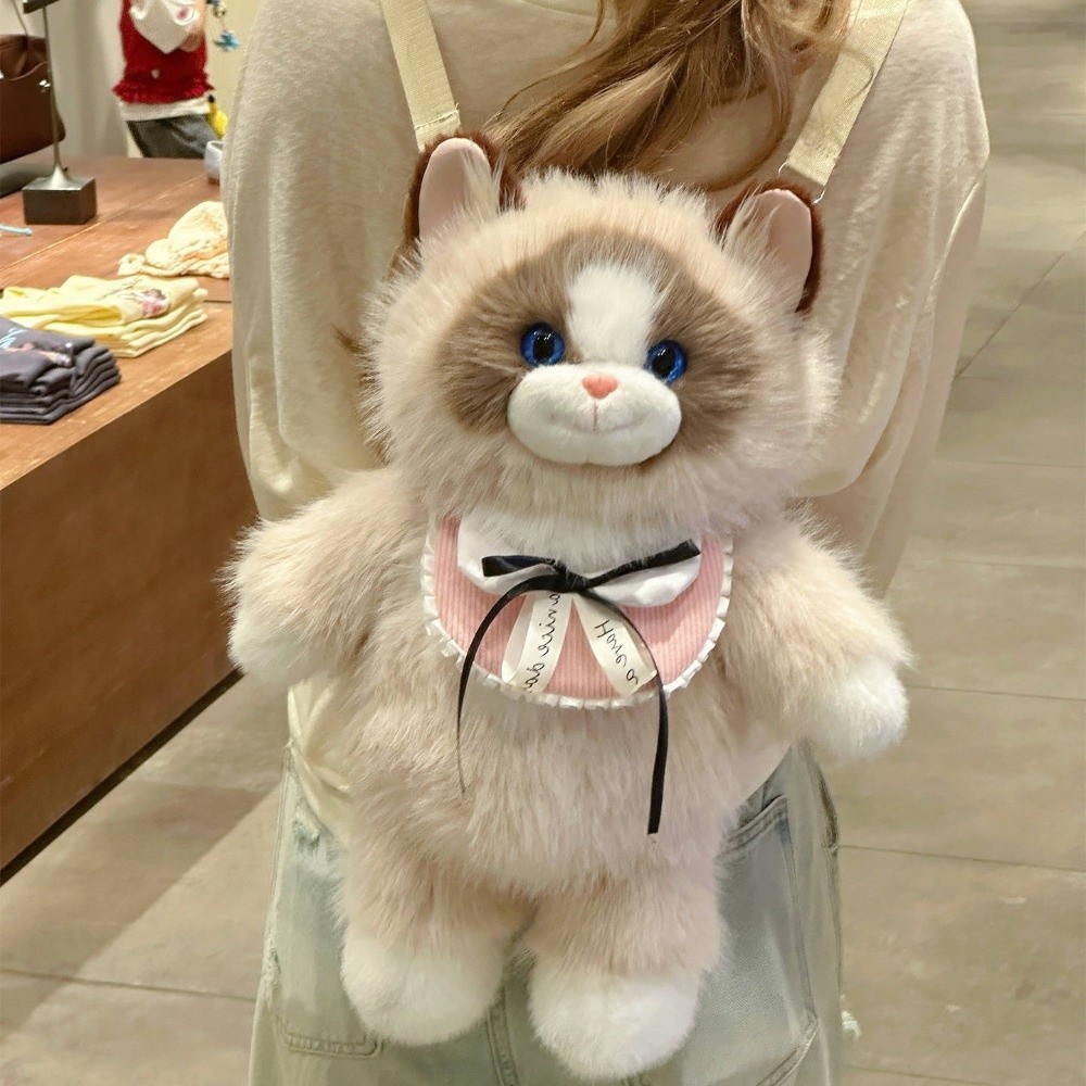 KANGN Mô Phỏng Ba Lô Mèo Sang Trọng, Ba Lô Ragdoll Sang Trọng Dung Tích Nhỏ Mềm Mại, Kawaii Hoạt Hình Dễ Thương Con Rối Túi Đeo Vai Mèo Lưu Trữ Du Lịch