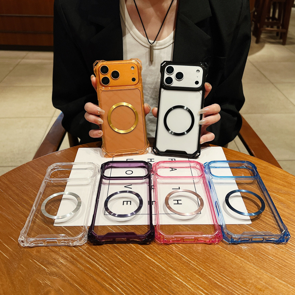 Ốp điện thoại từ tính họa tiết CD Acrylic trong suốt cao cho iPhone 17 16 15 14 13 12 Pro Max 17 Air 11 Ốp lưng trong suốt chống rơi bốn mặt + Thời trang viền màu