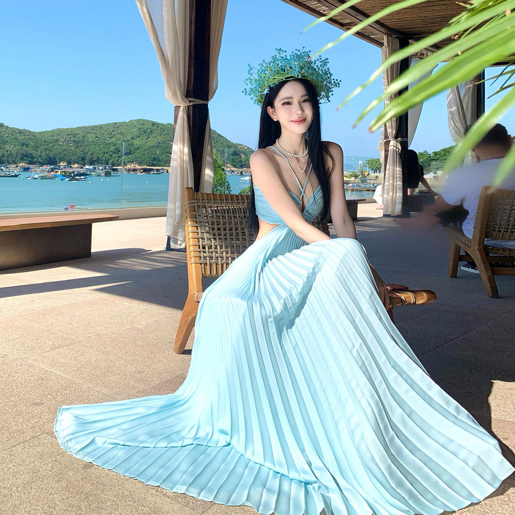 Đầm maxi xanh Pastel xếp li yêu kiều