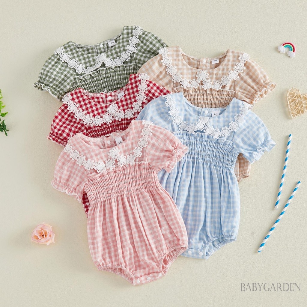 Bé Gái Áo Liền Quần Tay Ngắn Cổ Búp Bê Kẻ Sọc Hoa Body Quần Áo Mùa Hè