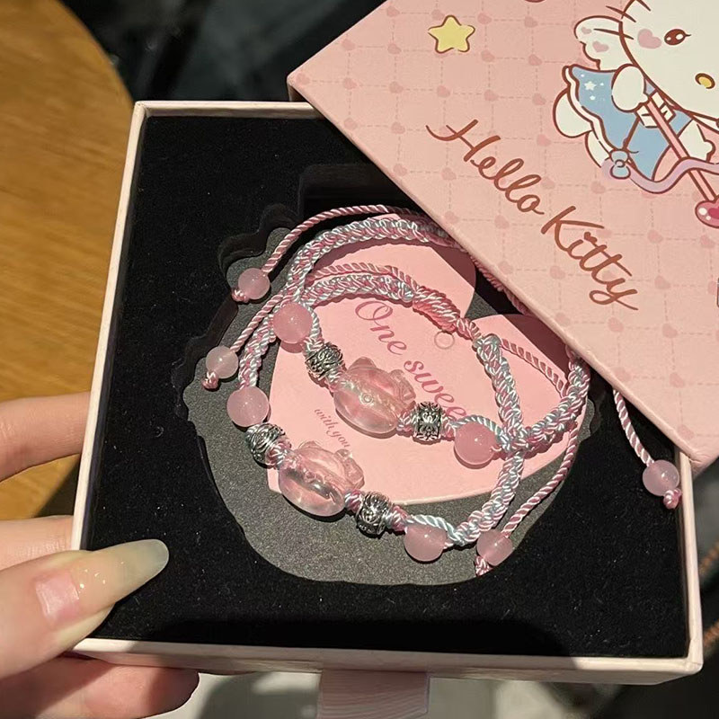 Vòng tay Hello Kitty dệt tay màu xanh hồng - phụ kiện quà tặng đáng yêu