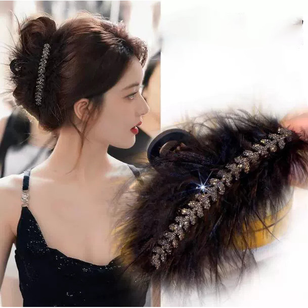Phong Cách Mới Bán Sang Trọng Kim Cương Giả Lông Vũ Kẹp Tóc Nữ Ánh Sáng Sang Trọng Cao Cấp Niche Thiết Kế Lấy Kẹp Lông Đen Cá Mập Kẹp Mũ Đội Đầu