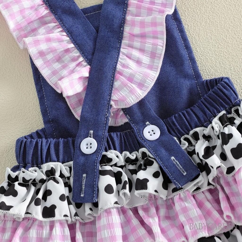 Bé Gái Trang Phục Sinh Nhật Đầu Tiên Tay Bay Đáng Yêu Cổ Vuông Kẻ Sọc Denim Romper Và Băng Đô