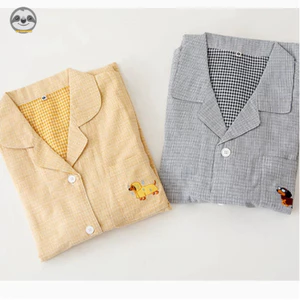Bộ đồ ngủ sọc cotton nguyên chất bằng sợi hai lớp phong cách cặp đôi / Nam nữ mùa xuân 100% cotton dài tay Quần mặc nhà / Mềm mại thoải mái