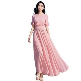 Váy dài mùa hè màu hồng thanh lịch, kiểu dáng bãi biển, chất liệu voan, ôm eo, dành cho nữ