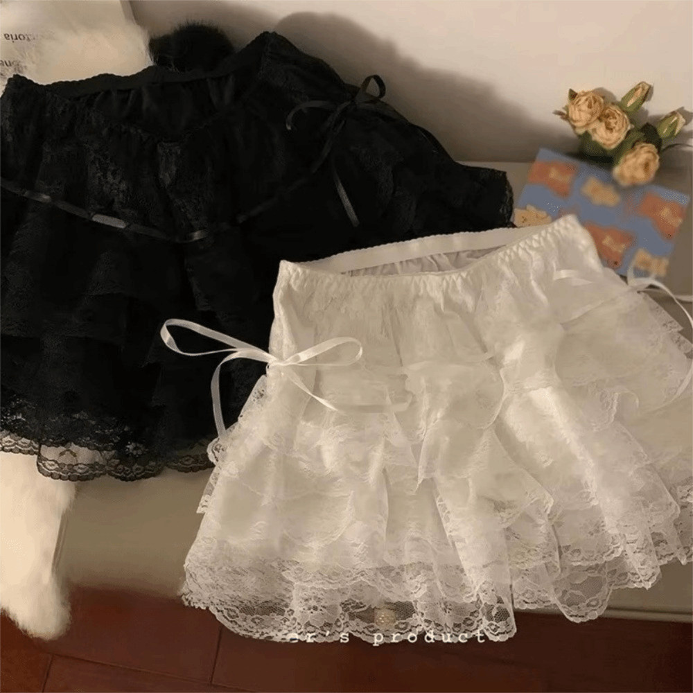 Quần short hoa ren GOJO, Quần hỗ trợ váy ren dây rút buộc, Phong cách Hàn Quốc Gothic Phong cách mùa hè Quần short xếp lớp nữ bé gái