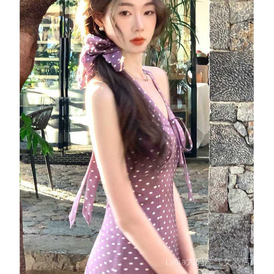 [Khuyến mãi 10%] Đầm nữ màu tím chấm bi, thiết kế ômbody gợi cảm, phù hợp mặc mùa hè