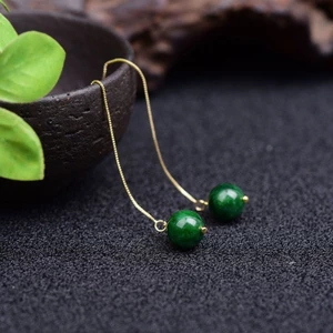 Bông tai dài hạt tròn màu xanh lá cây khô, thiết kế thời trang