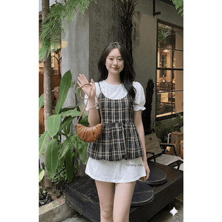 Set Áo Yếm Kẻ Caro Mix Áo Tay Phồng Tiểu ThưHàn Quốc, Set Áo Tiểu Thư Siêu Xinh