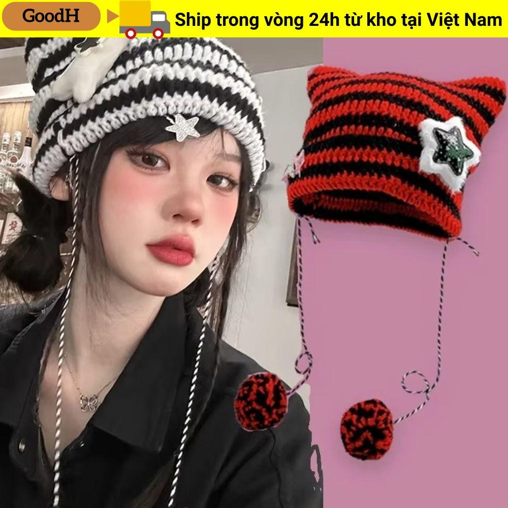 GOODH Y2K Mũ Beanie và Quỷ Horn Hat ngôi sao sọc, móc tai mèo, phù hợp mùa thu đông