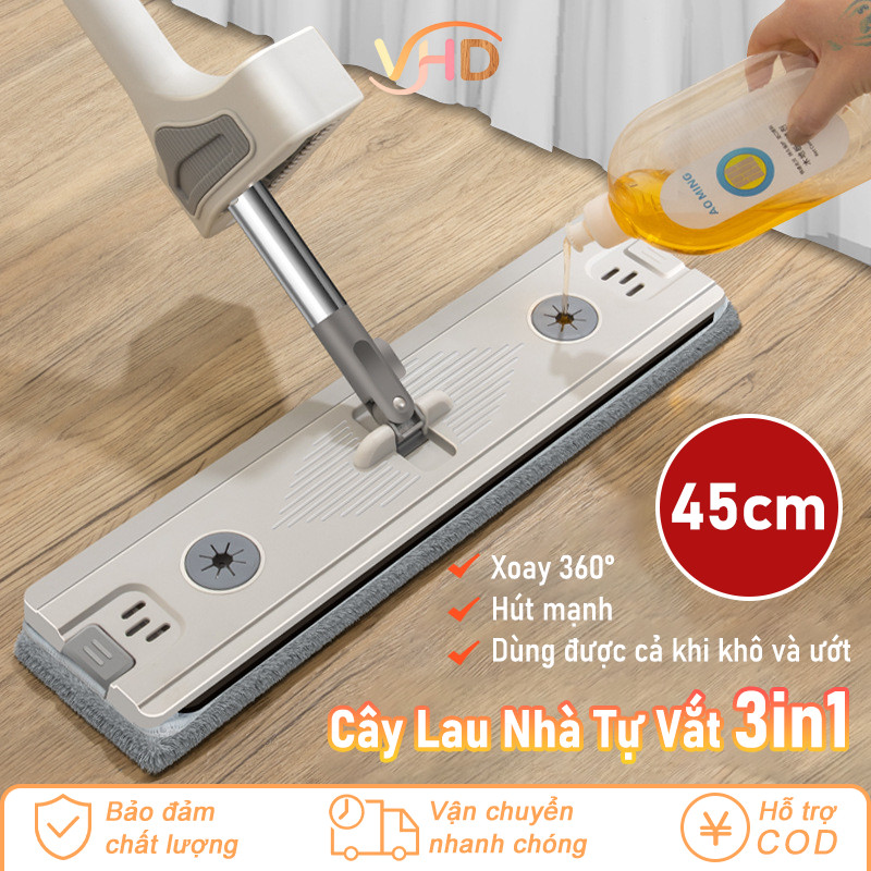 Cây Lau Nhà Tự Vắt 3 Trong 1 – Bàn Lau 45cm Xoay 360°, Hợp Kim Nhôm Bền Bỉ, Đa Năng Dùng Cho Mọi Loại Sàn