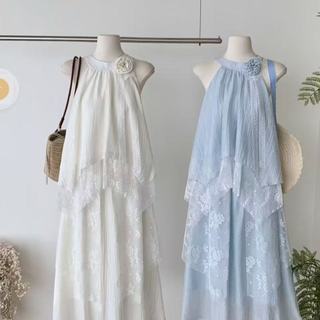 Váy liền thân không tay cổ yếm trẻ trung, váy dài thanh lịch mùa hè dành cho nữ