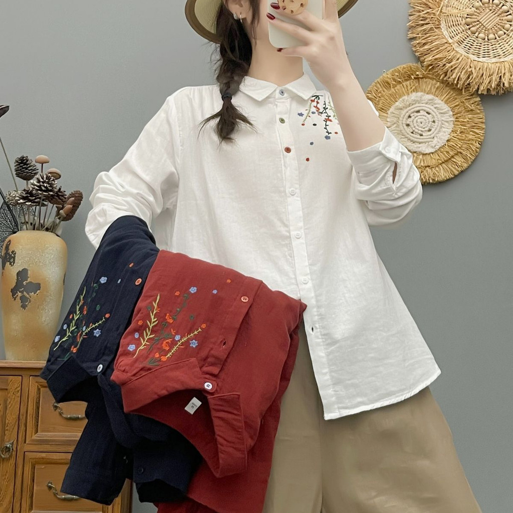 Áo sơ mi nữ cotton cổ nhọn thêu hoa, dáng rộng, thoáng khí cho mùa xuân