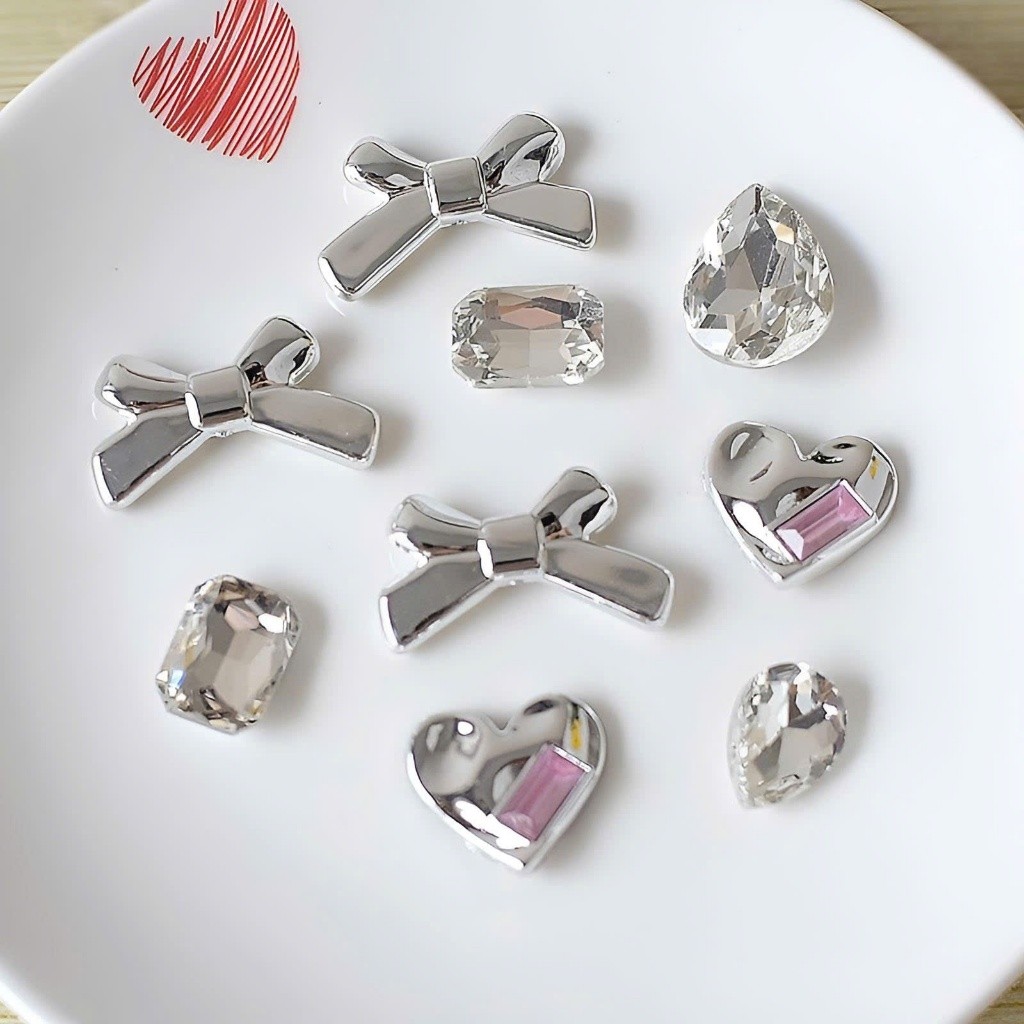 Set Charm Nơ Bạc Gương & Đá Pha Lê Trái Tim Sang Chảnh Lấp Lánh Phong Cách Thanh Lịch Cao Cấp Trang Trí DIY Xinh Xắn
