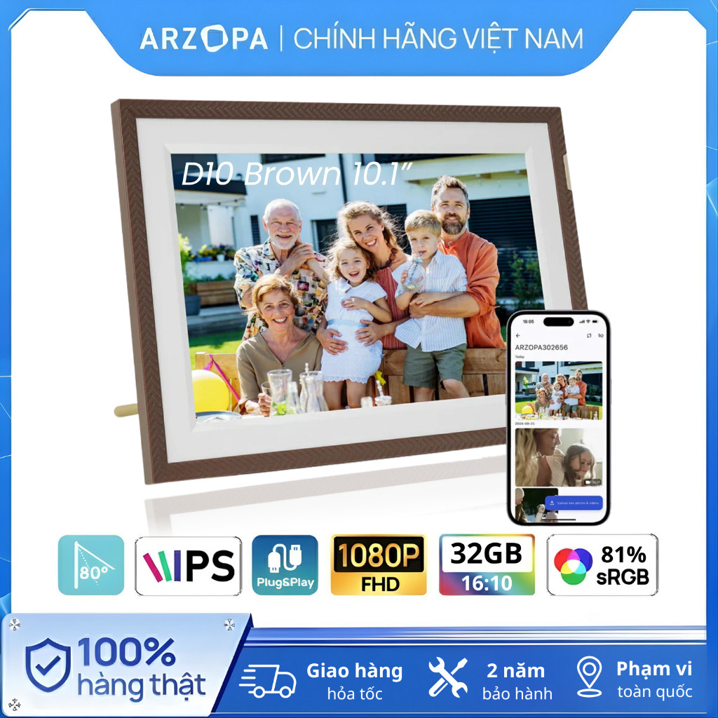 Khung ảnh/ video kỹ thuật số ARZOPA D10 WiFi 10.1" Cảm ứng IPS HD 1280x800,Bộ nhớ 32GB,Tự động xoay