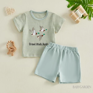 6M-4Y Bé Trai Mùa Hè Bộ Tay Ngắn Cổ Tròn Chữ Chim Thêu Áo Và Quần Short Eo Co Giãn