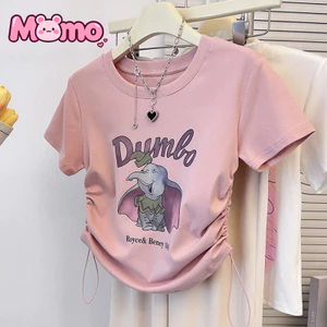 Dumbo in hoạt hình dễ thương giản dị dây rút ngắn tay cổ tròn trẻ em dành cho bé gái