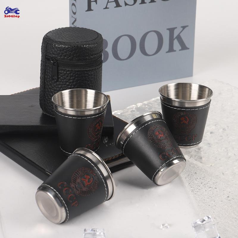 XOITOP 4 Cái / bộ Cốc Du Lịch Ngoài Trời Cốc Inox Có Da PU Di Động Cà Phê Rượu Bia Whisky Cốc Cắm Trại Bộ Đồ Ăn VN