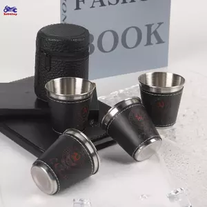 XOITOP 4 Cái / bộ Cốc Du Lịch Ngoài Trời Cốc Inox Có Da PU Di Động Cà Phê Rượu Bia Whisky Cốc Cắm Trại Bộ Đồ Ăn VN