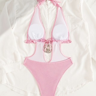 Đồ bơi bikini một mảnh không lưng màu hồng kim loại