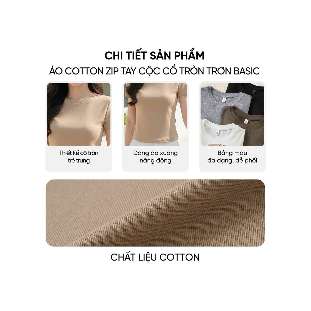 Áo thun nữ CARDINA chất liệu Cotton zip tay cộc cổ tròn basic  6ATC16