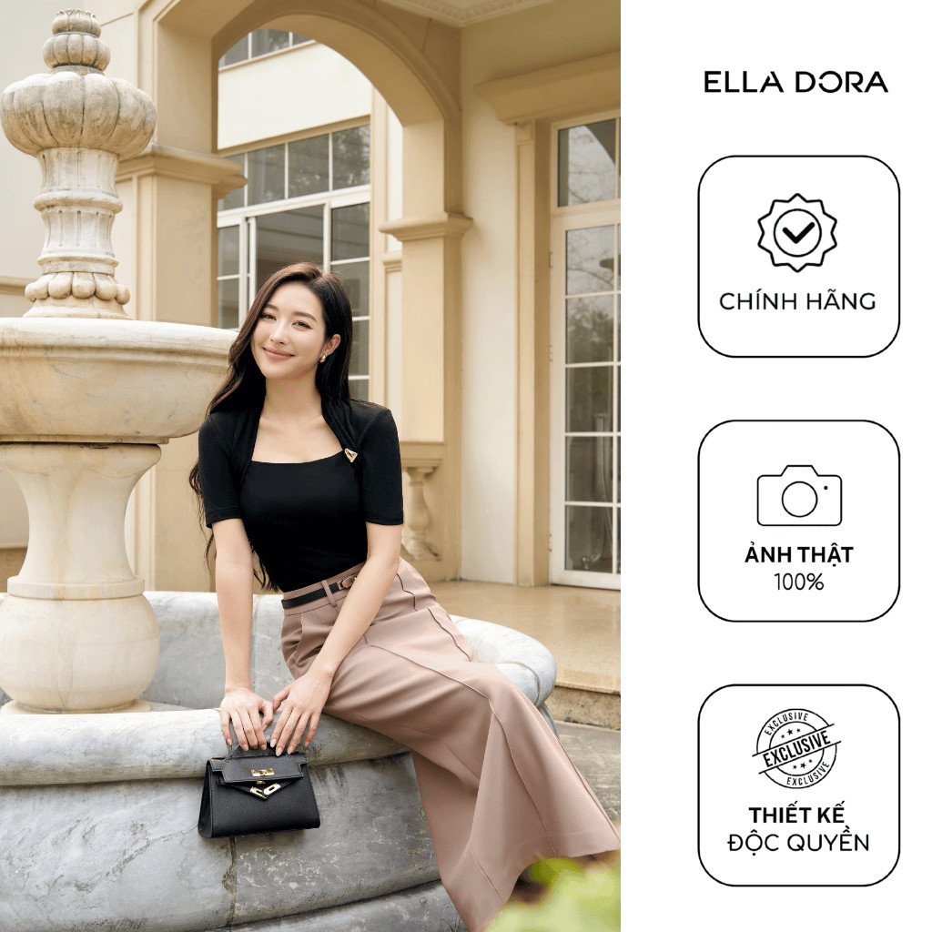 Áo thun cổ vuông ELLA DORA thiết kế đính tag form tôn dáng sang trọng 3 màu ĐỎ/ĐEN/NAVY [AT76]