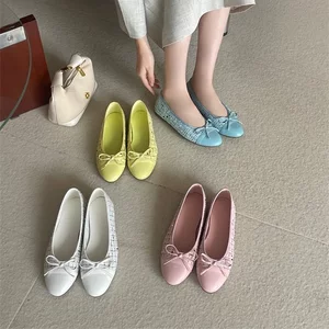 Giày đế bằng TT nơ ngọt ngào khâu ngón tròn Giày ba lê một chân