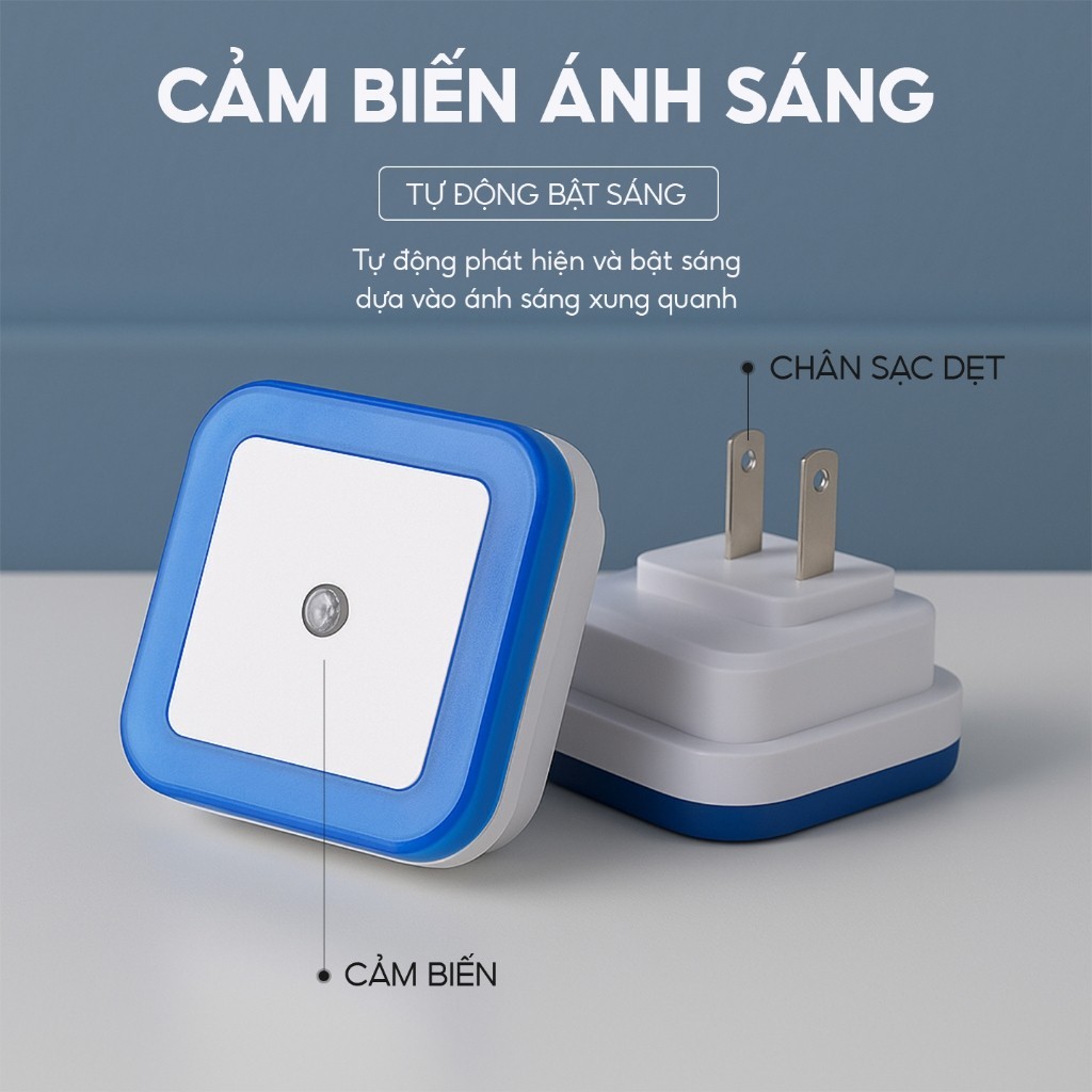 Đèn LED ngủ cảm biến ánh sáng hình vuông, tự động bật sáng ban đêm, đèn ngủ tiết kiệm điện, dịu mắt