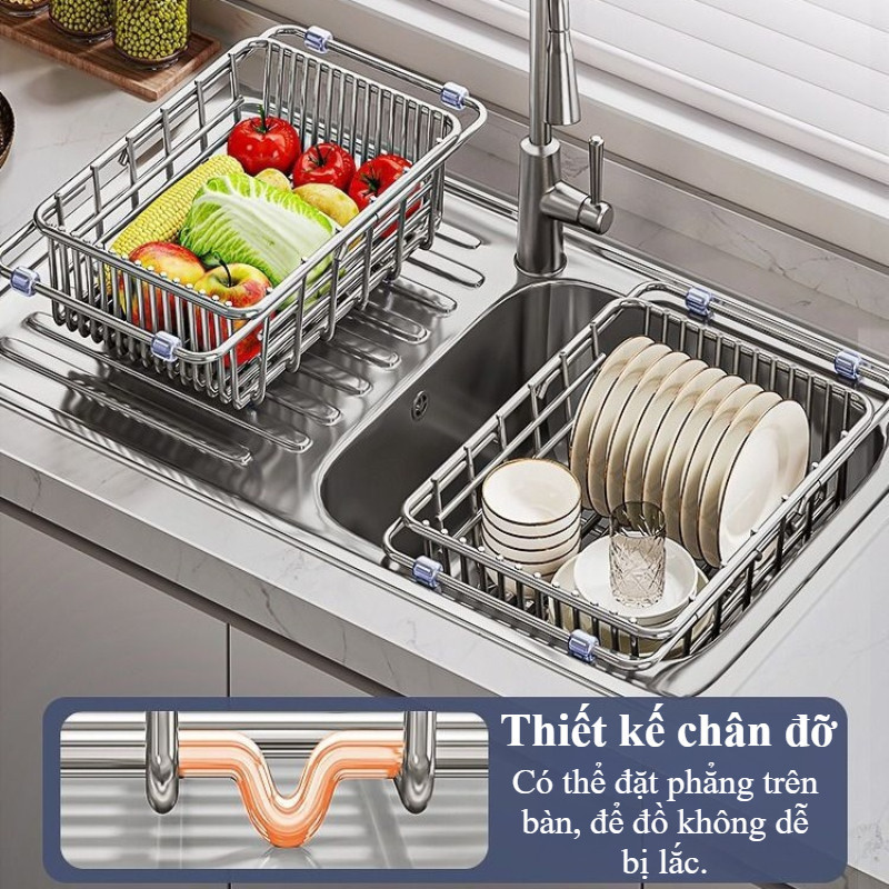 Rổ Rửa Rau Đa Năng Inox 304 Thiết Kế Kéo Dài Thu Gọn Làm Ráo Nước Nhanh Đệm Chống Trượt Cho Bồn Rửa Bát Nhà Bếp