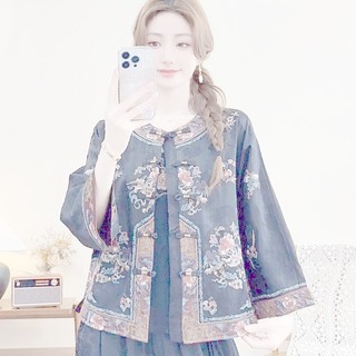 Áo khoác lanh cotton retro với họa tiết thêu dân tộc
