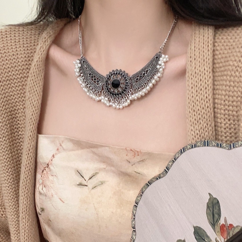 Bộ nhiều màu • Vòng cổ tua rua bạc Miao phong cách Trung Quốc mới + Bộ bông tai phong cách dân tộc cổ điển Dây chuyền xương đòn ngọc trai Thiết kế thích hợp Vòng cổ bé gái khí chất phù hợp