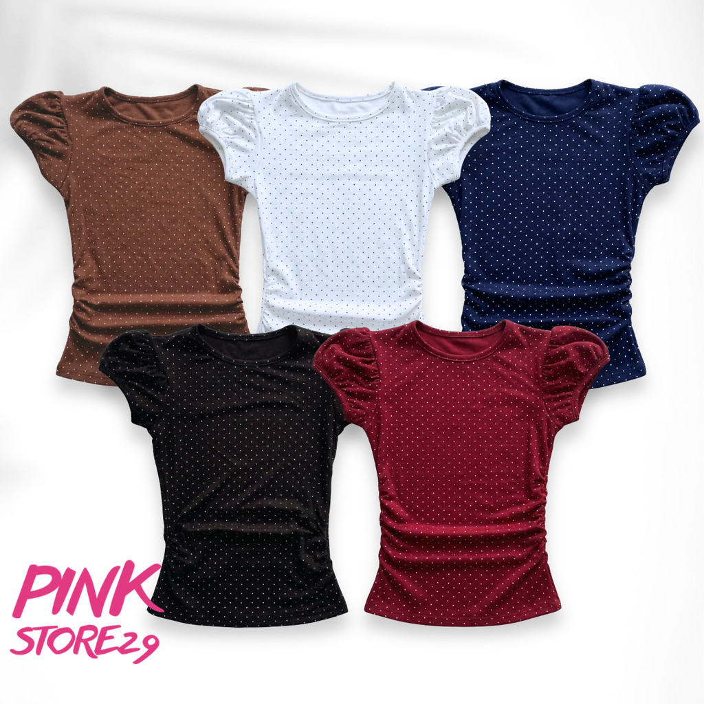 Áo Thun Nữ Chấm Bi Nhỏ Kiểu Tay Ngắn Phồng PINKSTORE29 Nhún Eo Phong Cách Basic A51491 | BigBuy360 - bigbuy360.vn