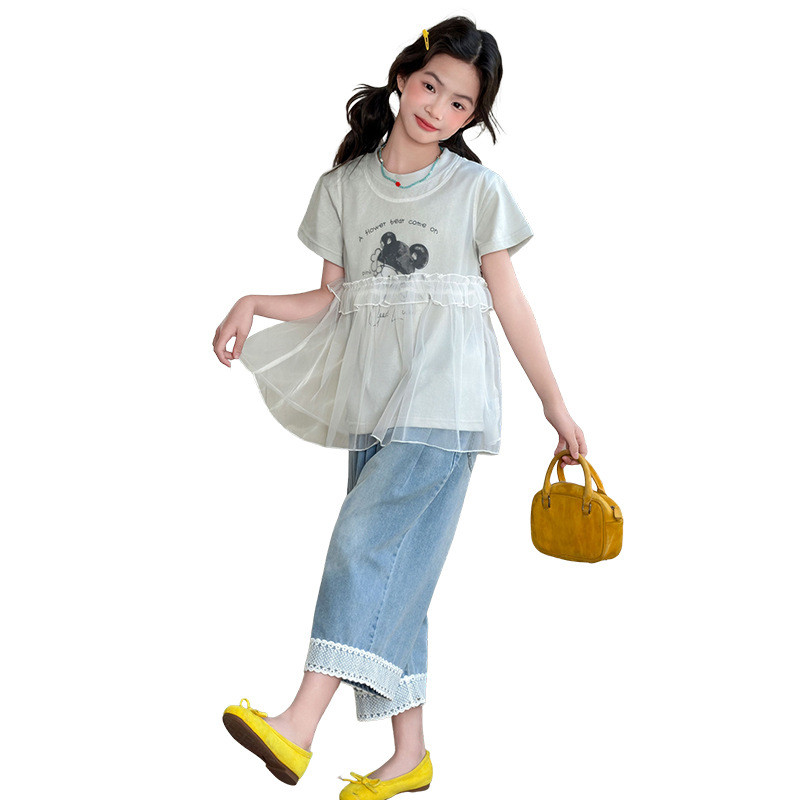 Quần Denim mùa hè cho bé gái 2026 Phong cách mới Trẻ em khâu ren Quần dài đến mắt cá chân