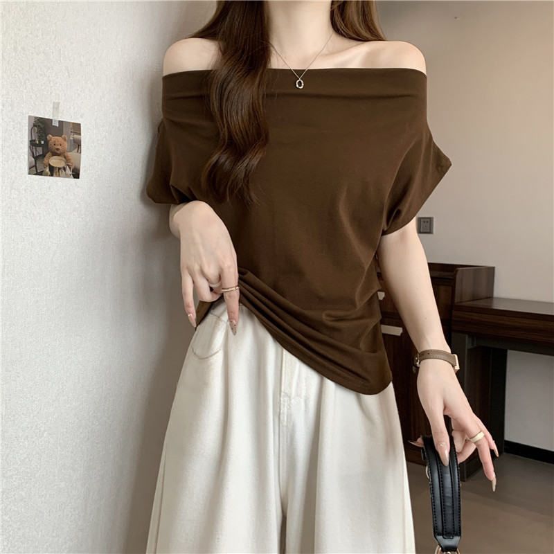 SUXI Áo thun lệch vai màu sắc đơn giản, phù hợp nữ mùa hè 260410