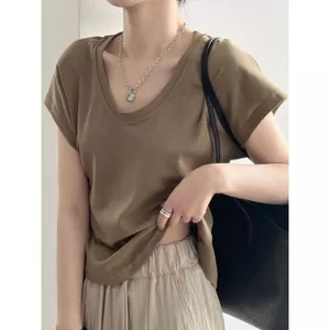 Áo thun cổ chữ U retro dành cho nữ - Thời trang mát mẻ mùa hè