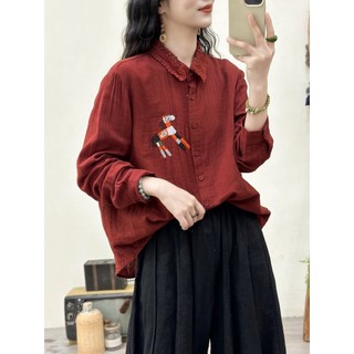 Áo sơ mi nữ cotton thêu mùa xuân, form skinny
