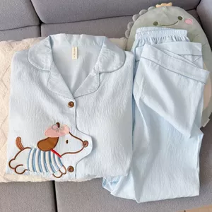 Shop Dachshund Chó Hoạt Hình Mây Cotton Nguyên Chất Gạc Bộ Đồ Ngủ Nữ 2026 Xuân Thu Dài Tay Cardigan Loungewear Mùa Hè