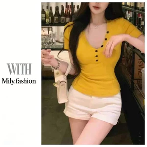 Milyfashion Mùa hè Phong cách mới Phiên bản Hàn Quốc Nút cổ chữ V Niche Áo thun ngắn tay Slim-Fit Pure Desire Base All-Match Top