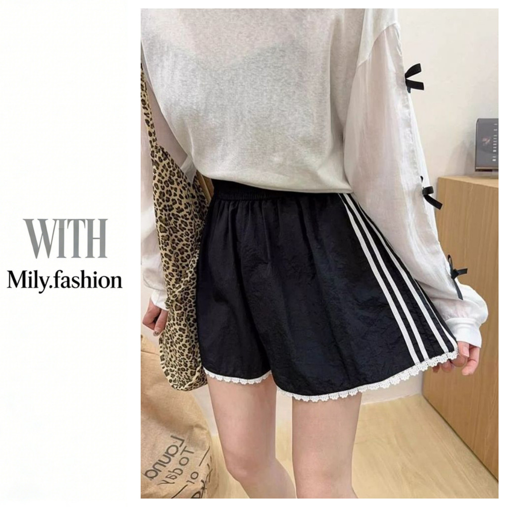 Milyfashion Khâu Ren Nhanh Khô Eo Co Giãn Thể Thao Quần Short Mùa Hè Rời Nhà Quần Short Ống Rộng Quần Áo Nữ